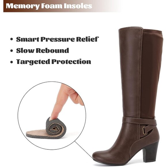 Women's Brown Knee High Slouchy Chunky Heel Toe Comfortable Long Boots - Picture 4 of 6